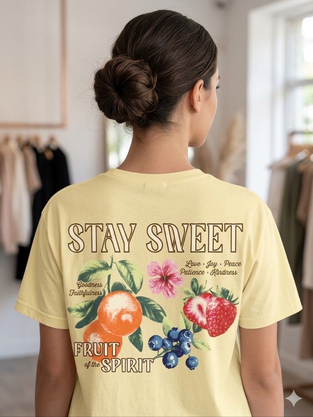 NWT Neon Soul "Stay Sweet🍓 Fruit Of The Spirit🍊🌺🫐Graphic T-Shirt" Yellow💛XL
